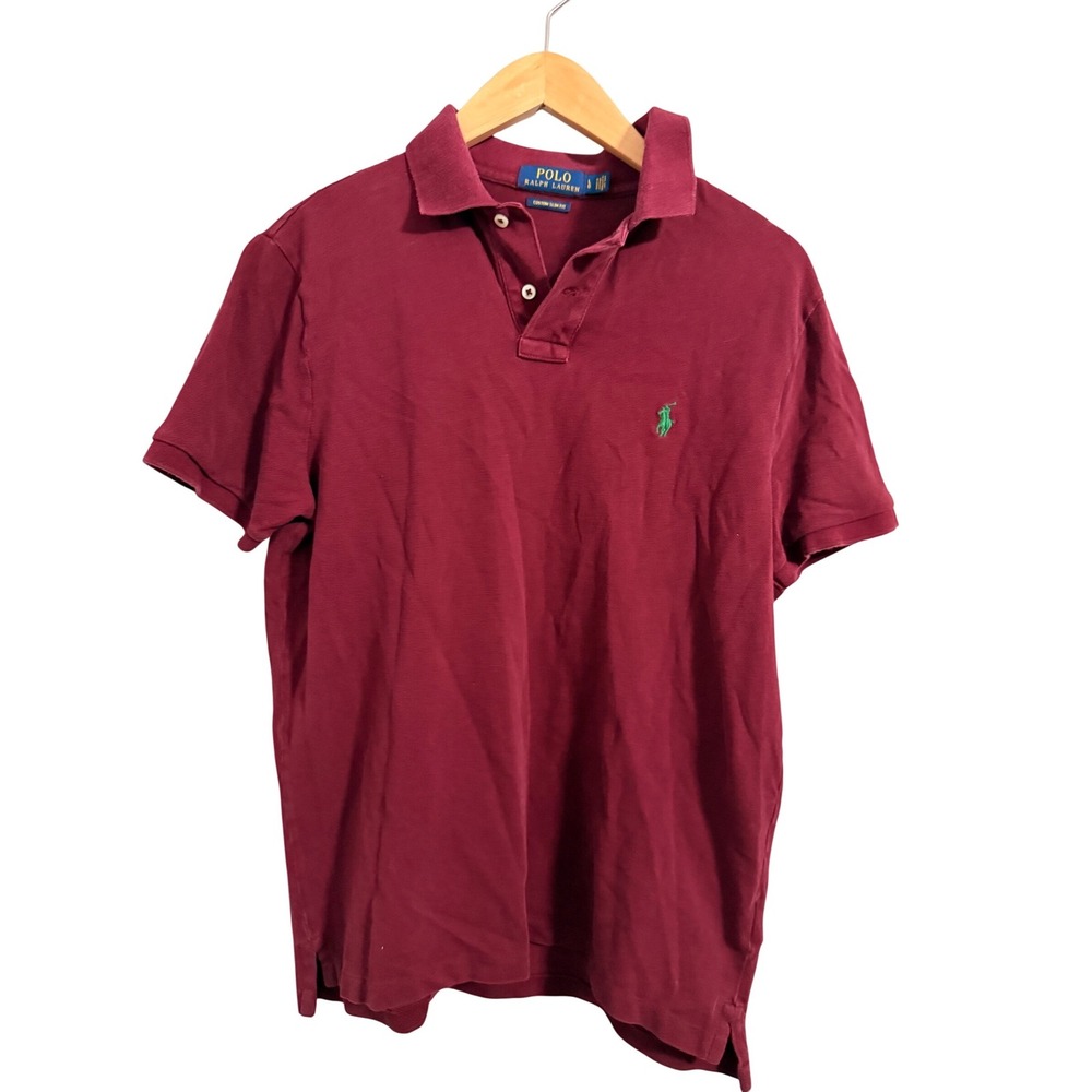 Polo Ralph Lauren Polo Shirt Mens L‎ Burgundy Custom Slim Fit Green Pony Logo
